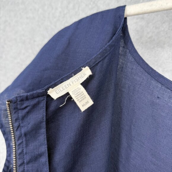 Eileen Fisher Organic Linen Shift Dress Size M Navy Blue Pockets Classic SS EUC - Picture 7 of 12